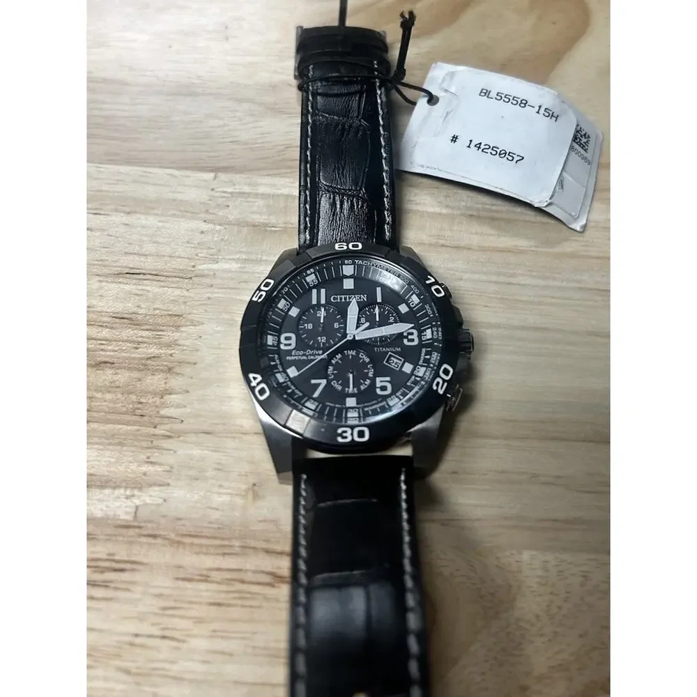 Citizen Eco-Drive Mens Chronograph Tachymeter Date Black Dial Leather Box